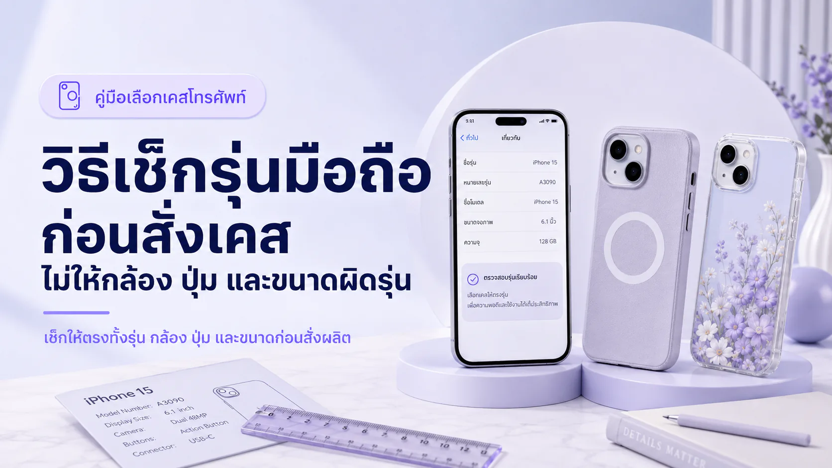 ภาพโทรศัพท์สองรุ่นพร้อมเครื่องหมายถูกและผิดสำหรับการเช็กรุ่นก่อนสั่งเคส