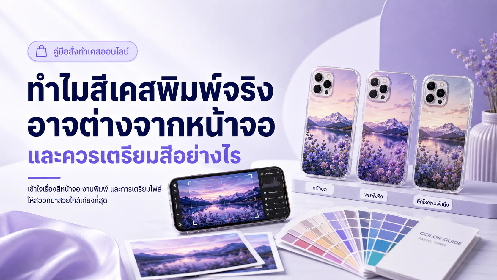 ภาพวงสี หน้าจอ และเคสโทรศัพท์สำหรับอธิบายความต่างของสีงานพิมพ์